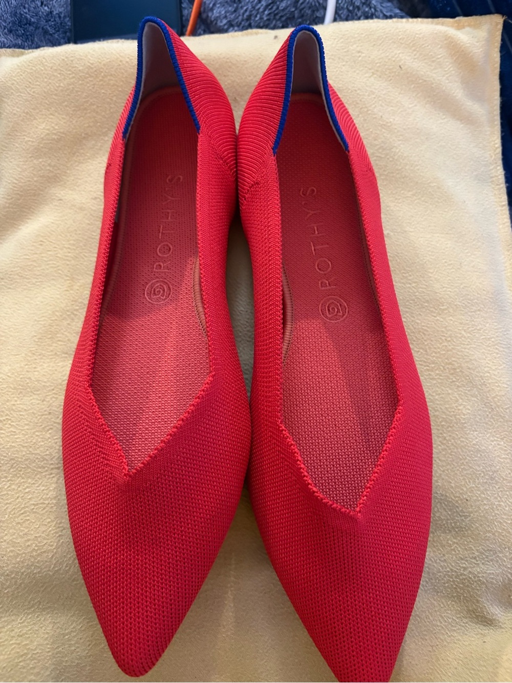 Rothy's Red Pointed Knit Flats with Blue Trim